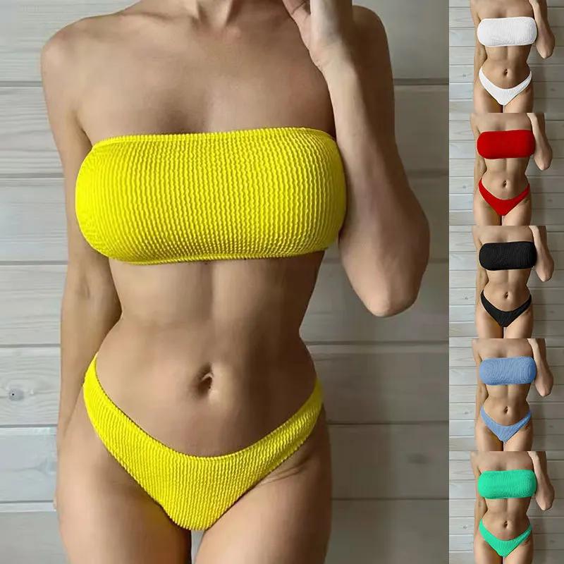 2022 New Sexy Solid Color Wave PatternChest Pad Wireless Cup Women Bikini  Swimsuits Women  Polyester